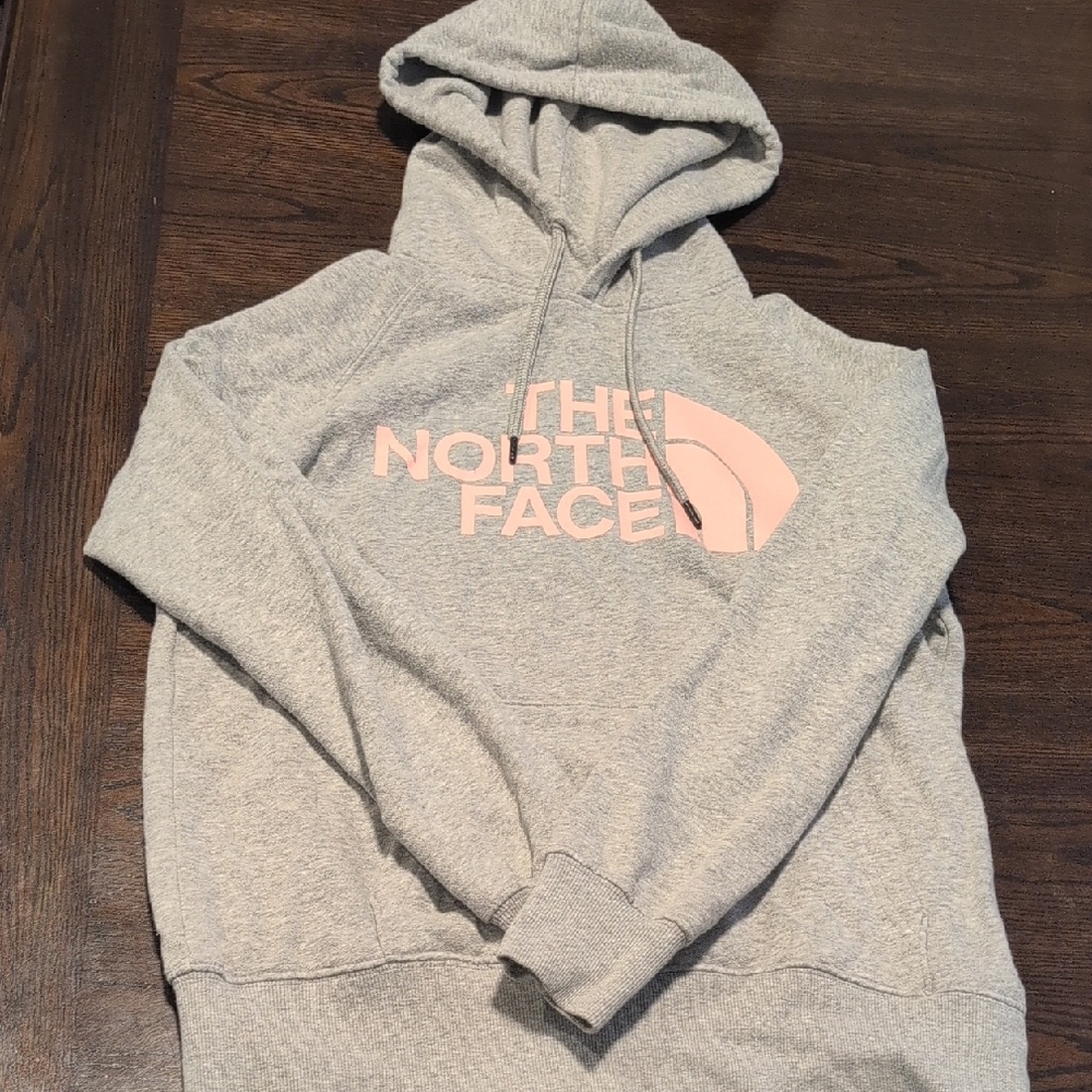 The North Face Light Gray Hoodie with Soft Pink Logo